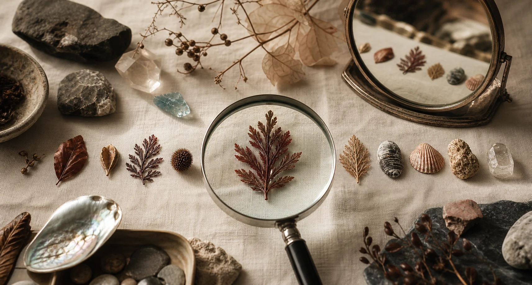 Illustrative overhead arrangement of natural specimens around a magnifying glass