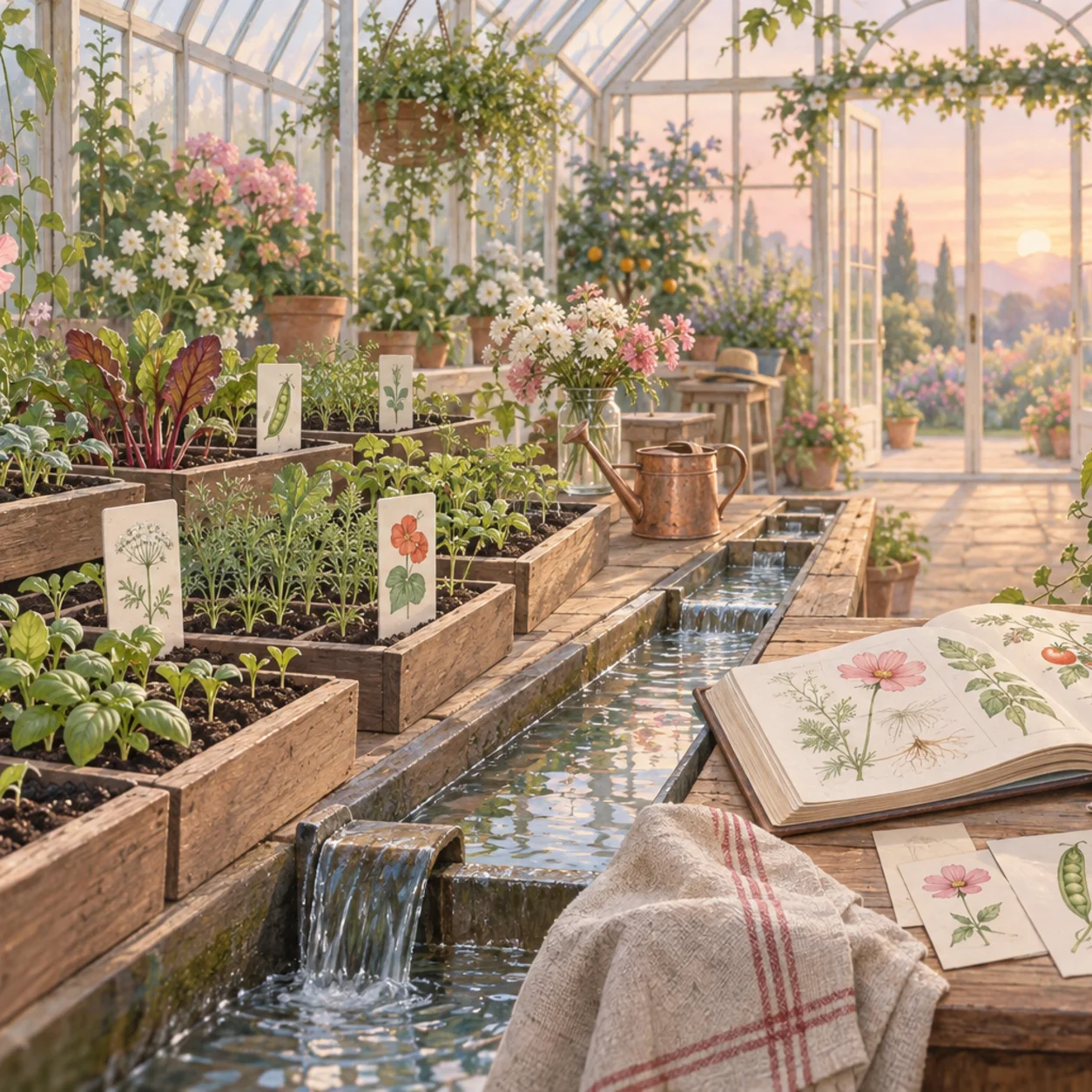 A glasshouse conservatory at dawn where labeled seedling trays feed a long irrigation channel that runs past open gardening manuals toward the glasshouse doors