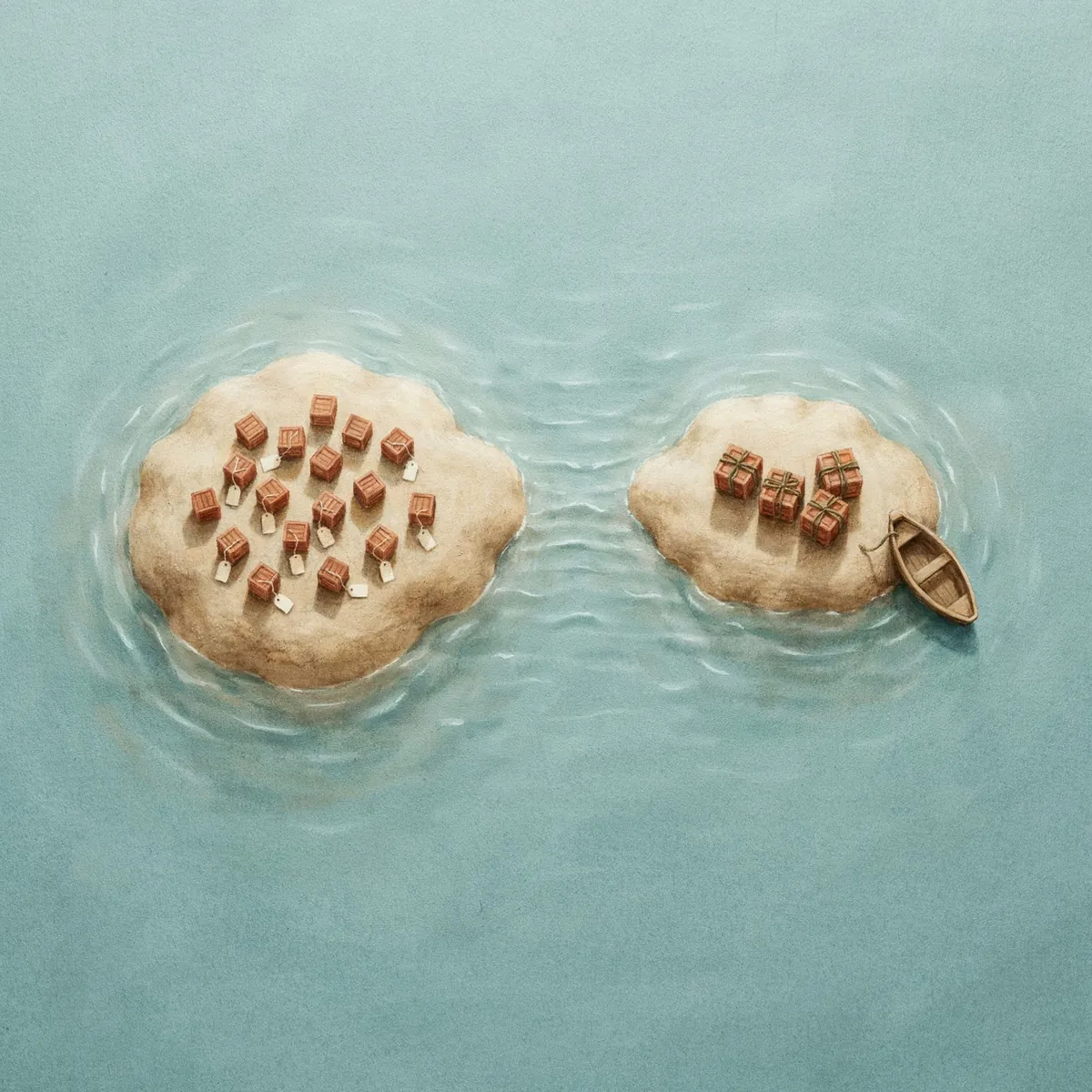 Two sandy islands in calm teal water seen from above: the larger holds a loose cluster of terracotta crates, many with blank paper tags, and the smaller holds four crates bound in green cord beside a moored rowboat