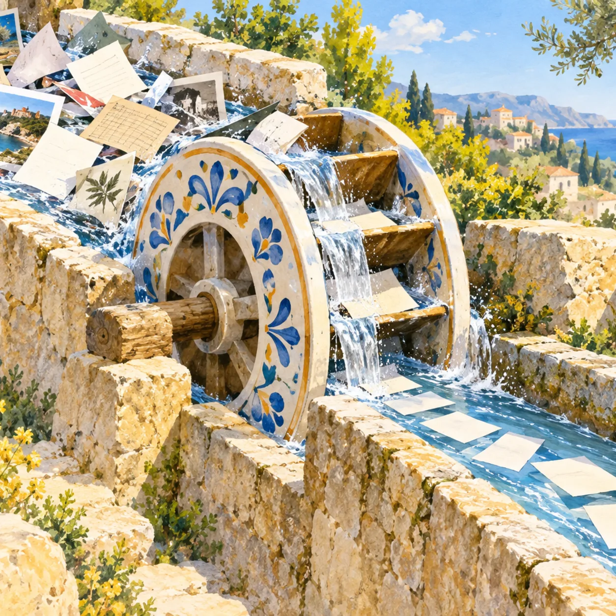 A ceramic water mill turning a mixed stream of paper sheets, photo prints, and ledger pages into a single clear channel of plain text slips