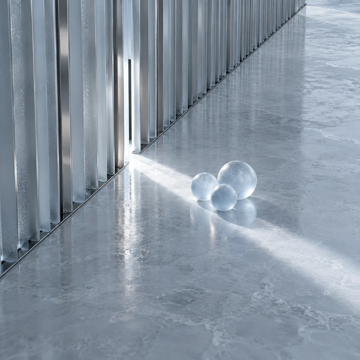 A narrow beam of cold light passes through a facade of silver and frosted-glass louvers and falls on three pale-blue glass spheres on an icy floor