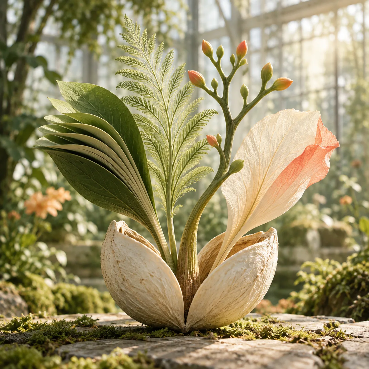 Four distinct botanical forms grow from one pale seed pod in a sunlit greenhouse