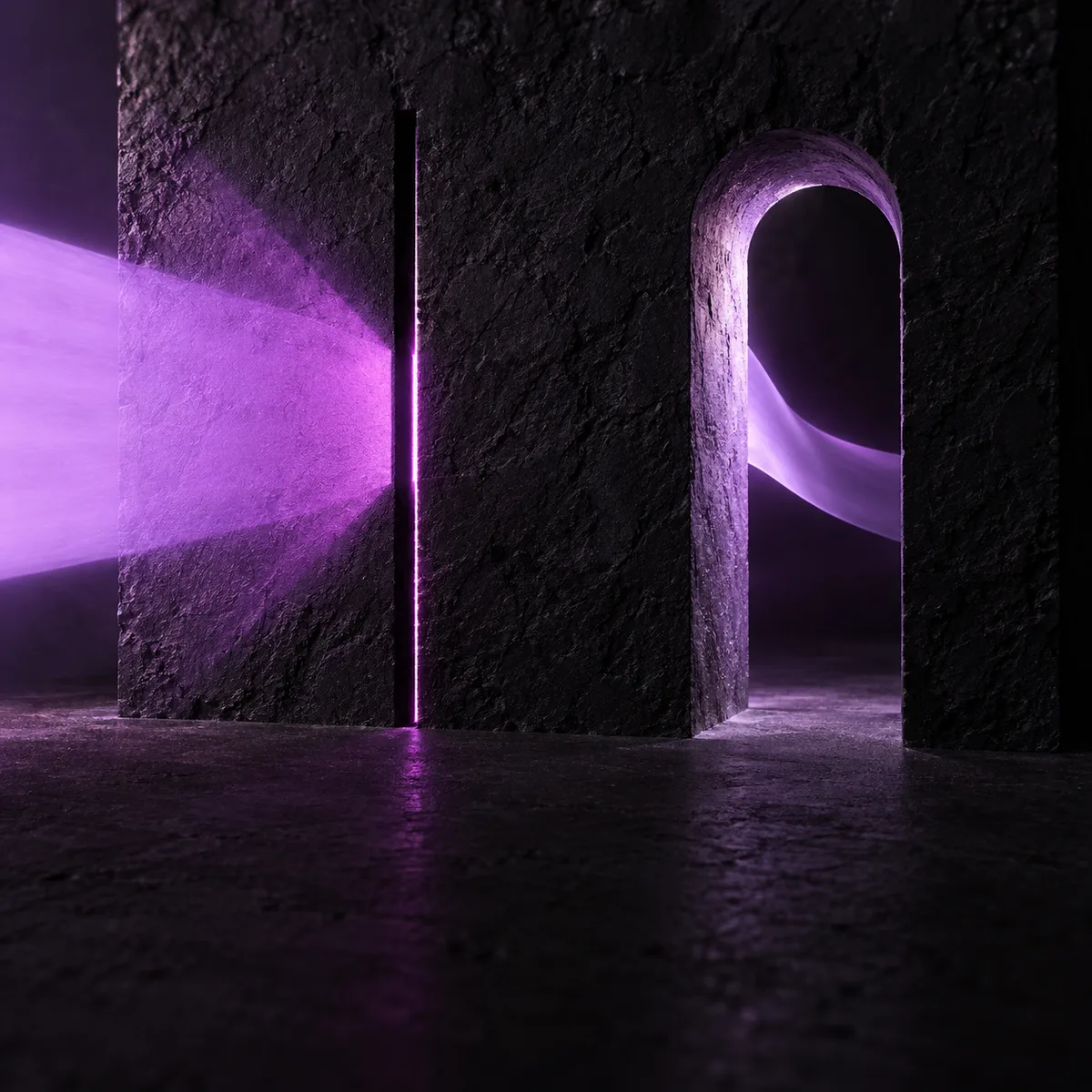 A black basalt wall with one thin vertical slot and a tall arched opening; a broad violet beam stops at the slot while a ribbon of light bends through the arch