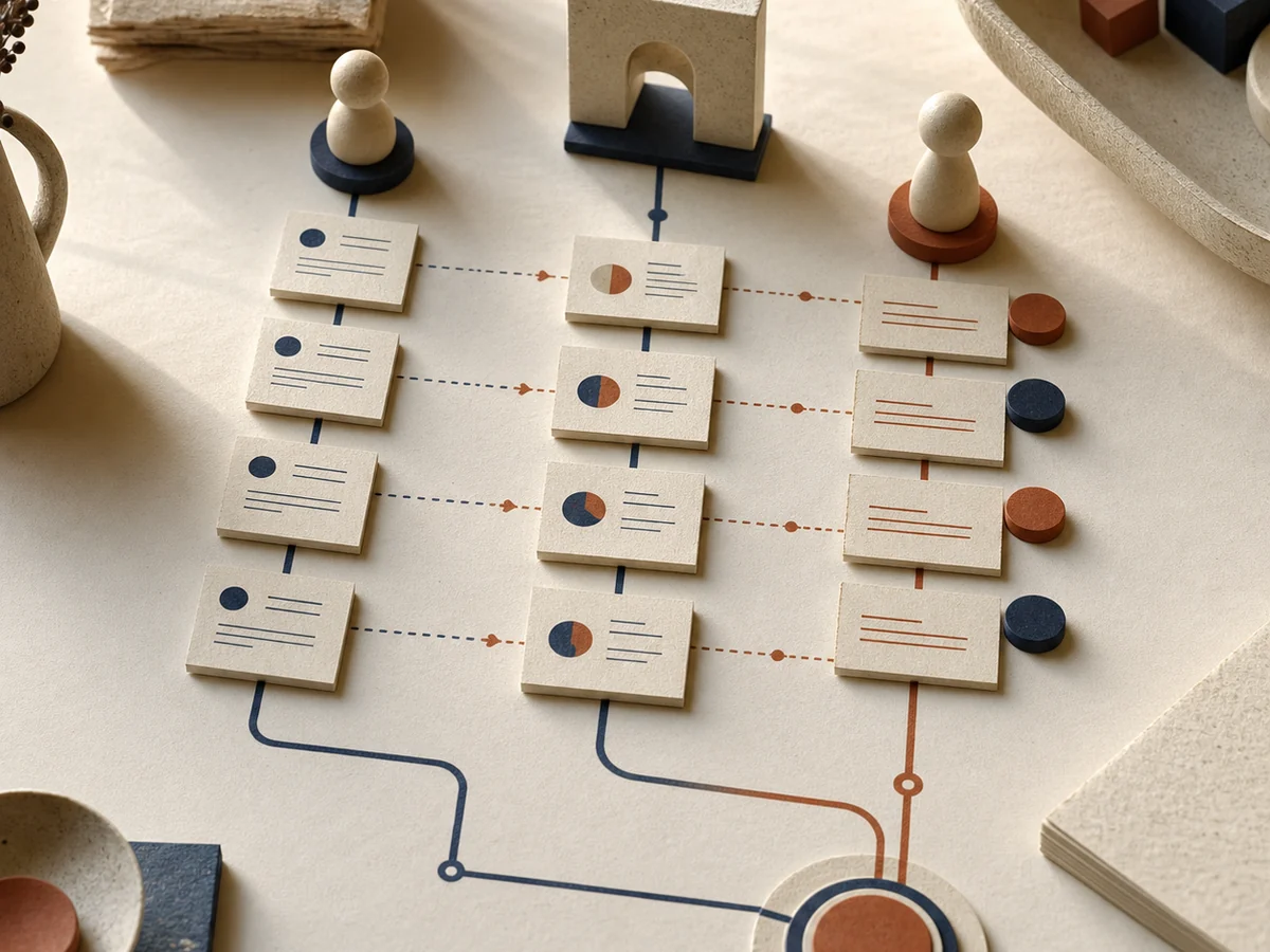 A tactile tabletop evaluation with three parallel conversation tracks converging on a final scored outcome