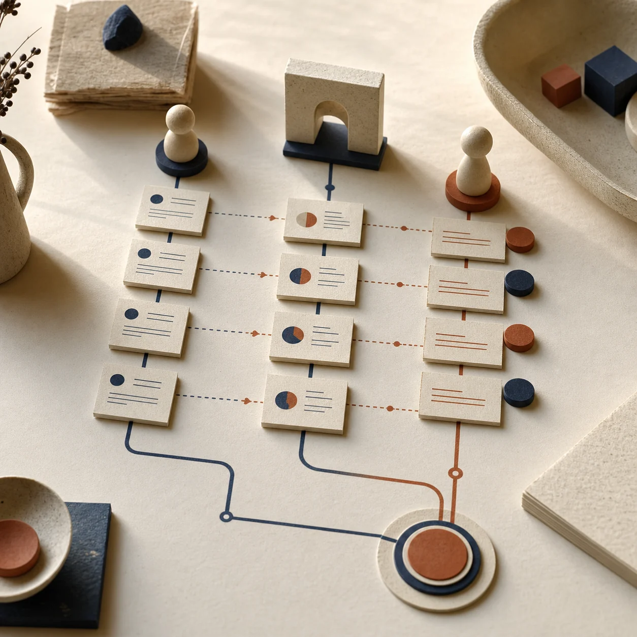 A tactile tabletop evaluation with three parallel conversation tracks converging on a final scored outcome