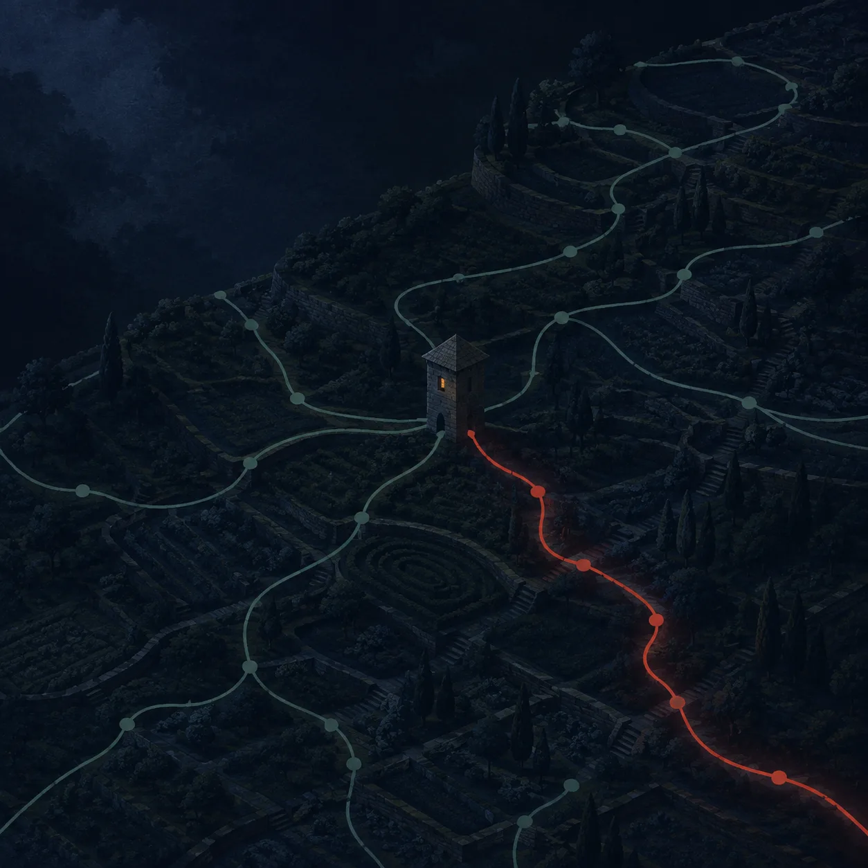 Terraced night gardens crossed by thin diagram paths with node dots, one ember-red path veering away past a small stone watchtower