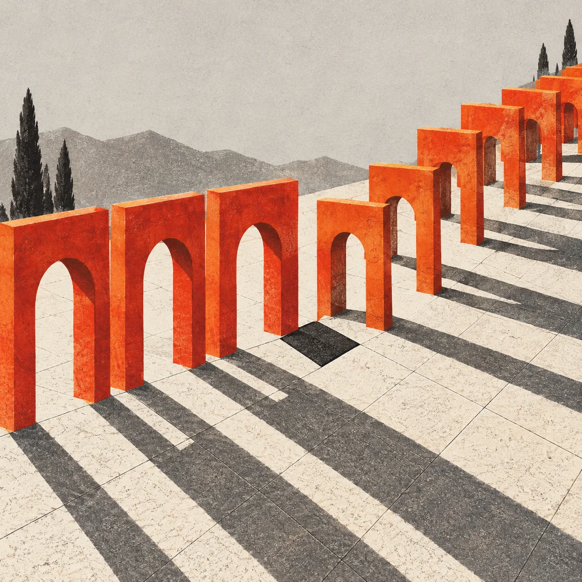 Vermilion archways cross a pale tiled courtyard, shifting out of alignment beside a single black tile and casting long diagonal shadows.