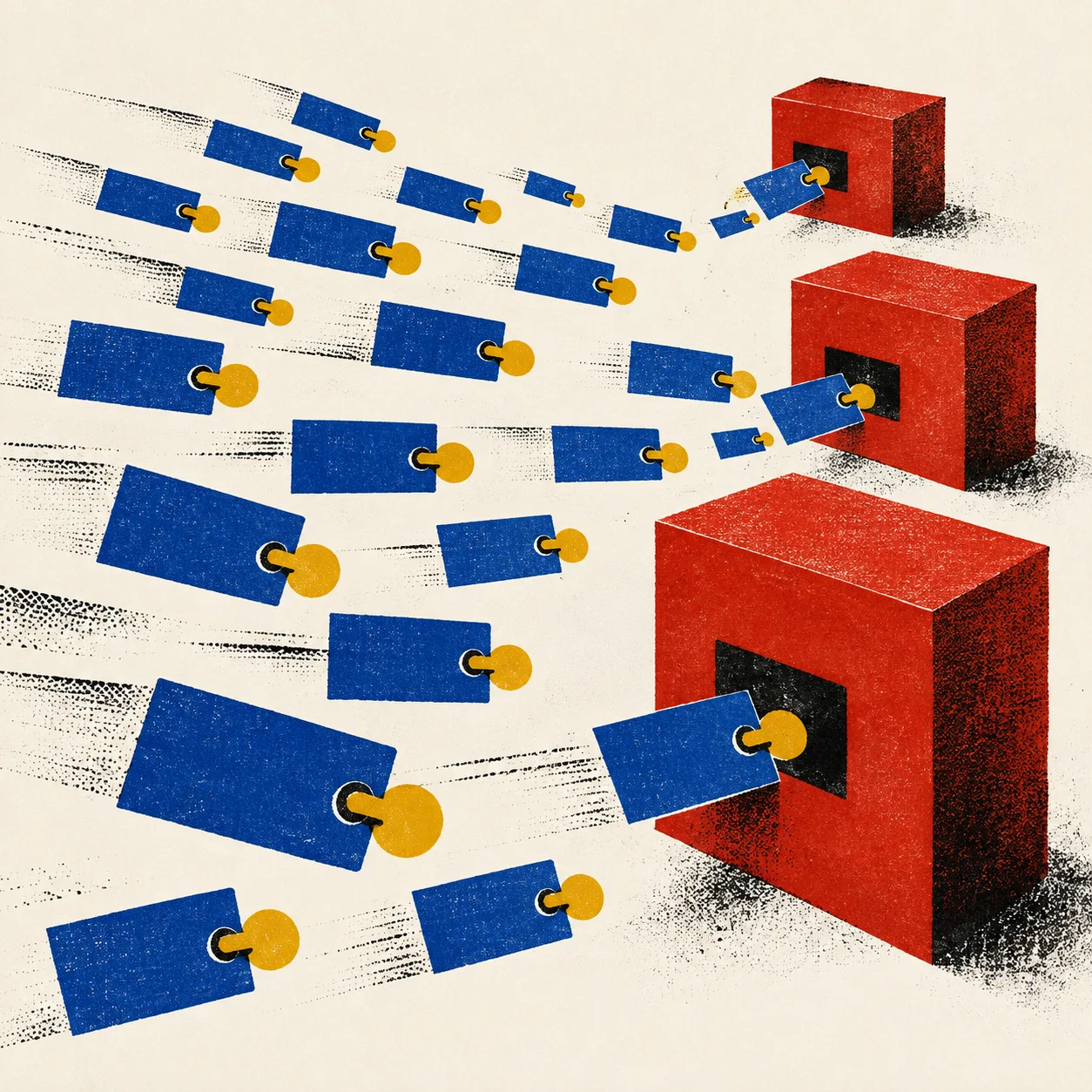 Blue request cards, each carrying a yellow state token, travel independently toward three red server blocks in a textured screen print