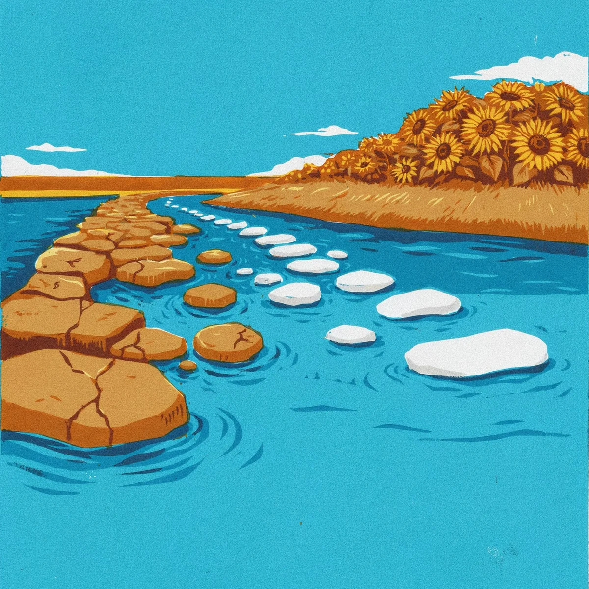 A linocut of stepping stones crossing a bright blue channel: cracked ochre stones sink on the left, and smooth white stones curve away to a sunlit bank crowded with sunflowers