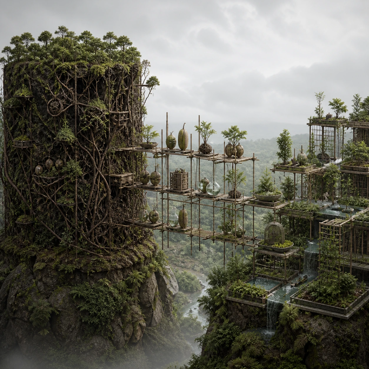 A scaffold bridge carries seed pods, glass vessels and archives from a root-bound grove monolith across a gorge into an open modular garden