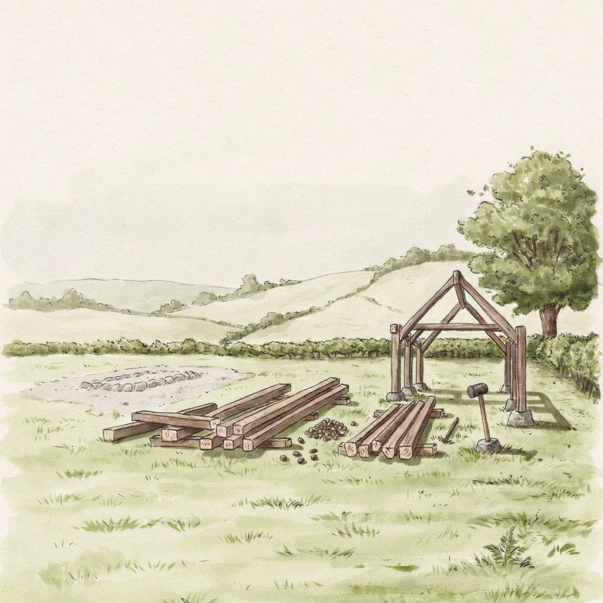 Ink and watercolor of a timber-framed barn taken down for moving: a pale patch of footing stones on the left, oak beams and posts lying in two rows beside a heap of wooden pegs, and one bay already raised on new stones next to a mallet, with green hills and an oak behind