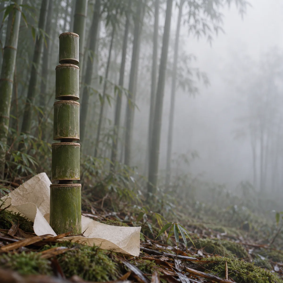 Five cut bamboo sections stacked beside curled paper in a misty bamboo grove