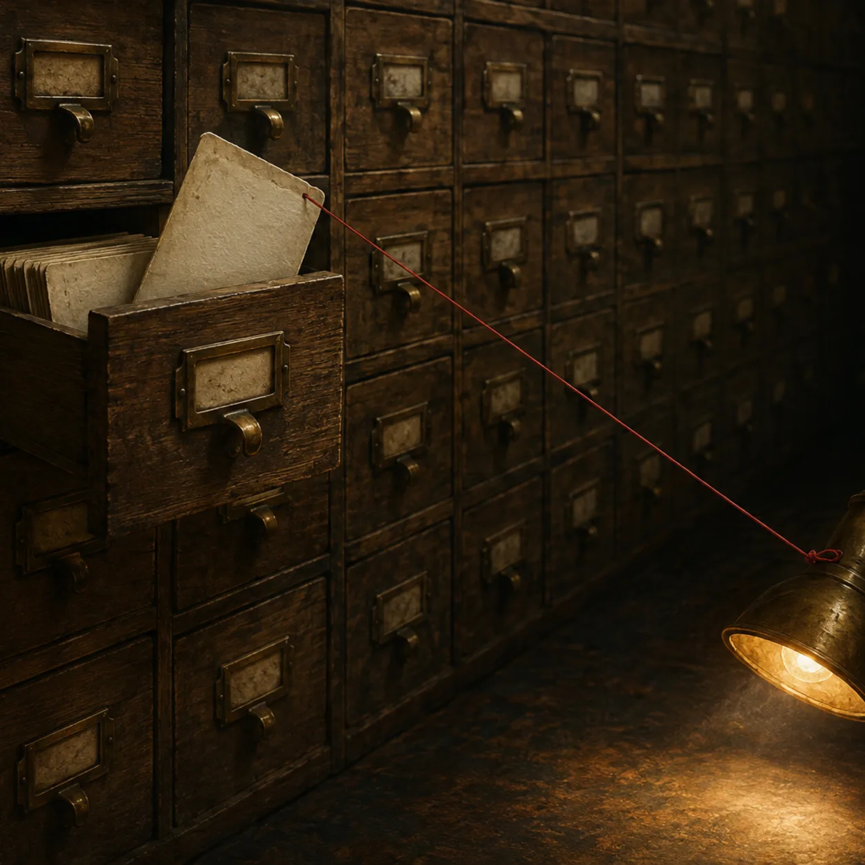 A weathered wall of card-catalog drawers with blank brass label plates, one drawer half-open with a slipped card tied by a single red thread to a small brass desk lamp