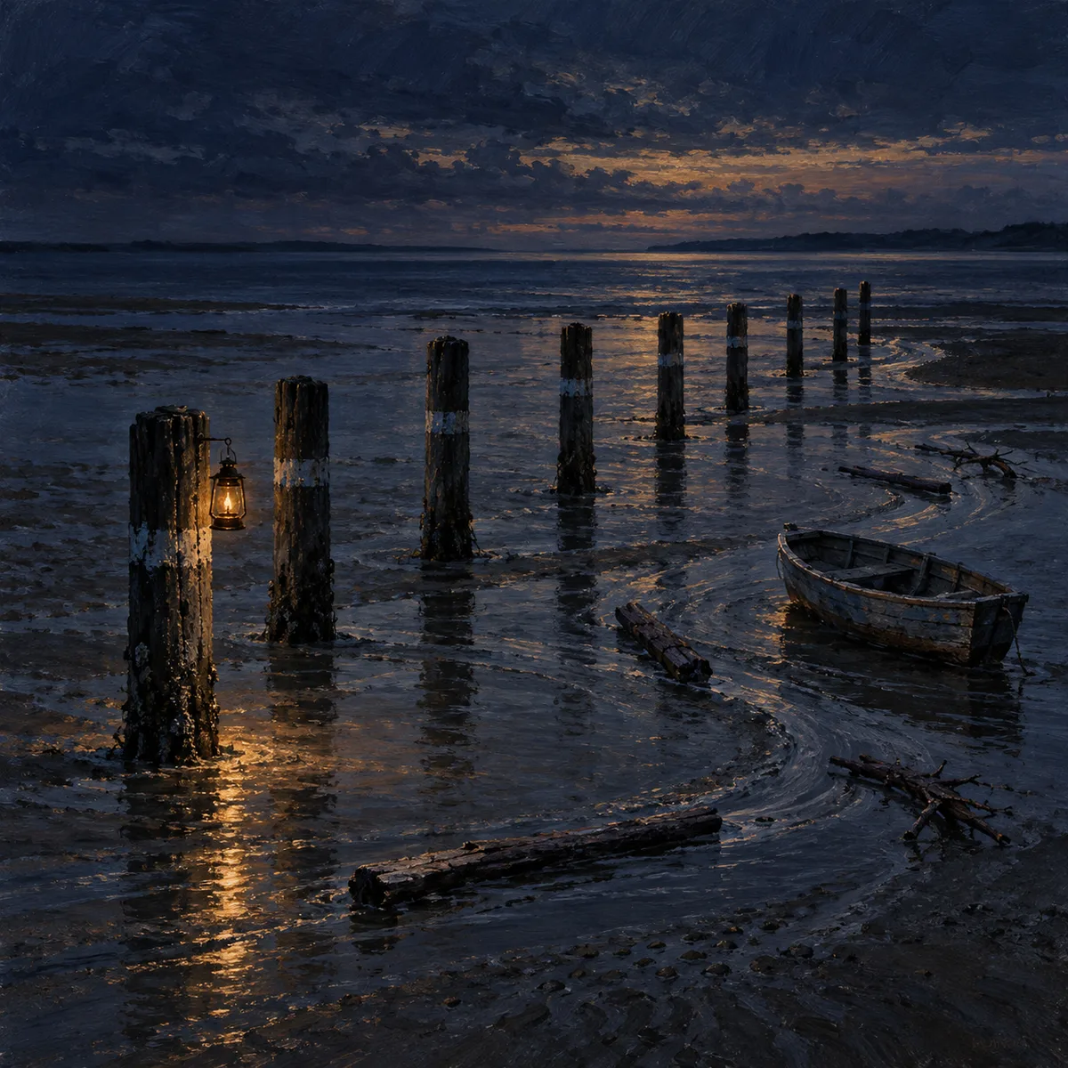 A row of weathered wooden stakes with pale bands stands in wet tidal sand at dusk, a lantern hanging from the nearest one, while driftwood and a small rowboat drift along curved currents