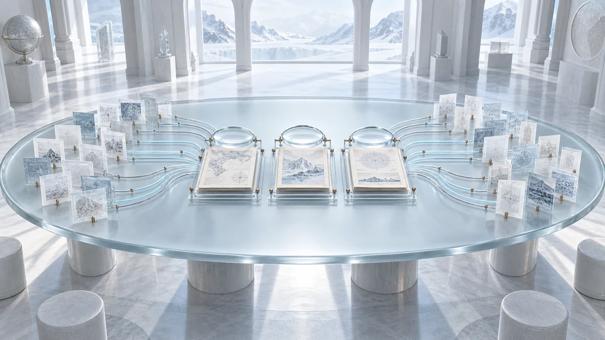 Illustrative research table where document cards follow paths into reading trays
