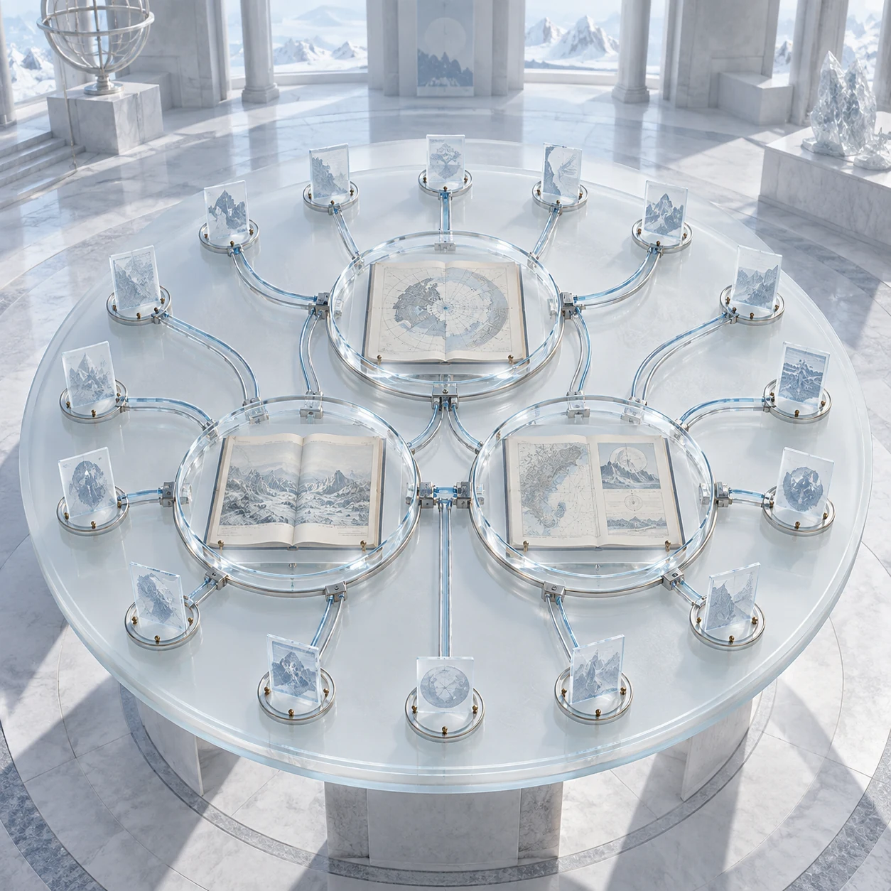 An ice-white evidence table where pale-blue conduits connect many translucent search cards to three open source documents under glass mounts
