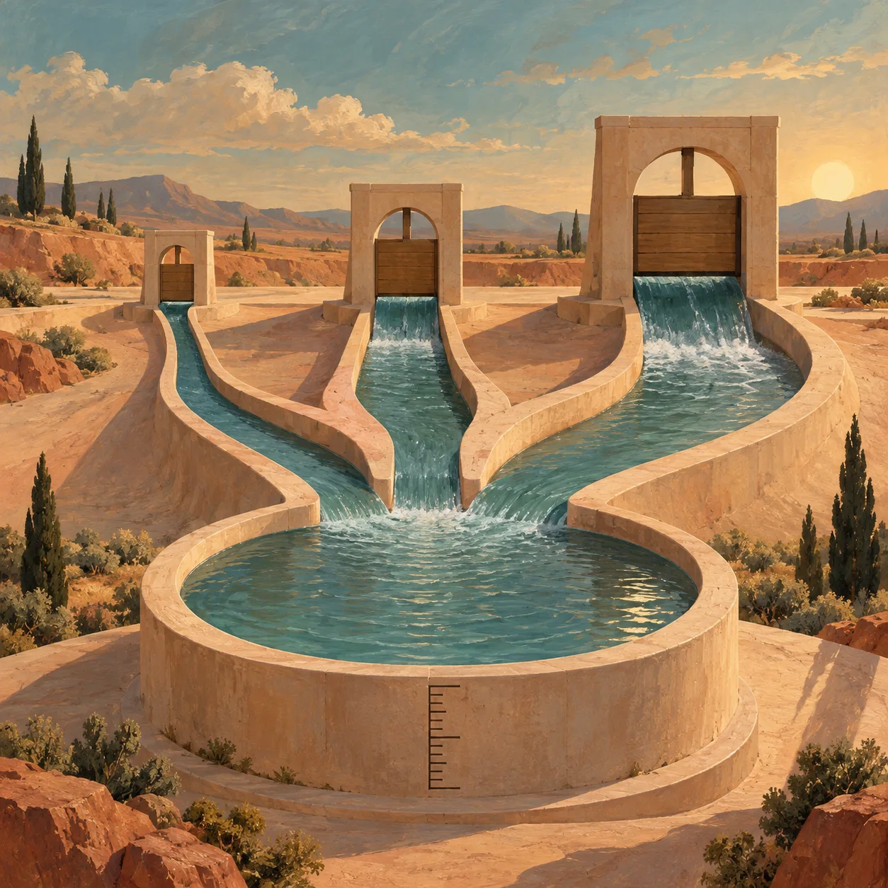 Three branching channels of water pass through separate gates before converging into a single measuring basin