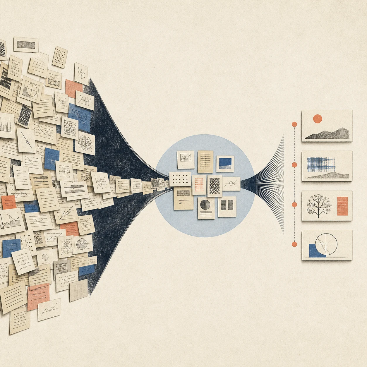 A broad field of document cards narrowing into a candidate set and then an ordered shortlist