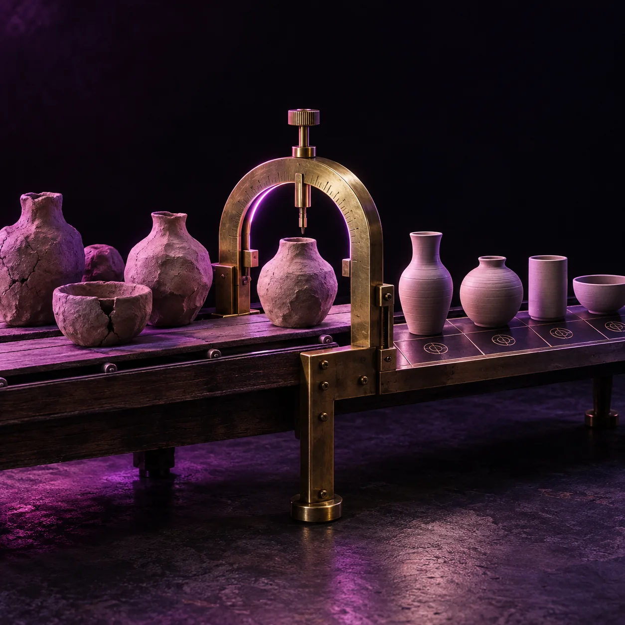 Rough cracked clay vessels on a wooden bench passing under a glowing brass caliper gauge, emerging as smooth measured vessels on a ledger grid