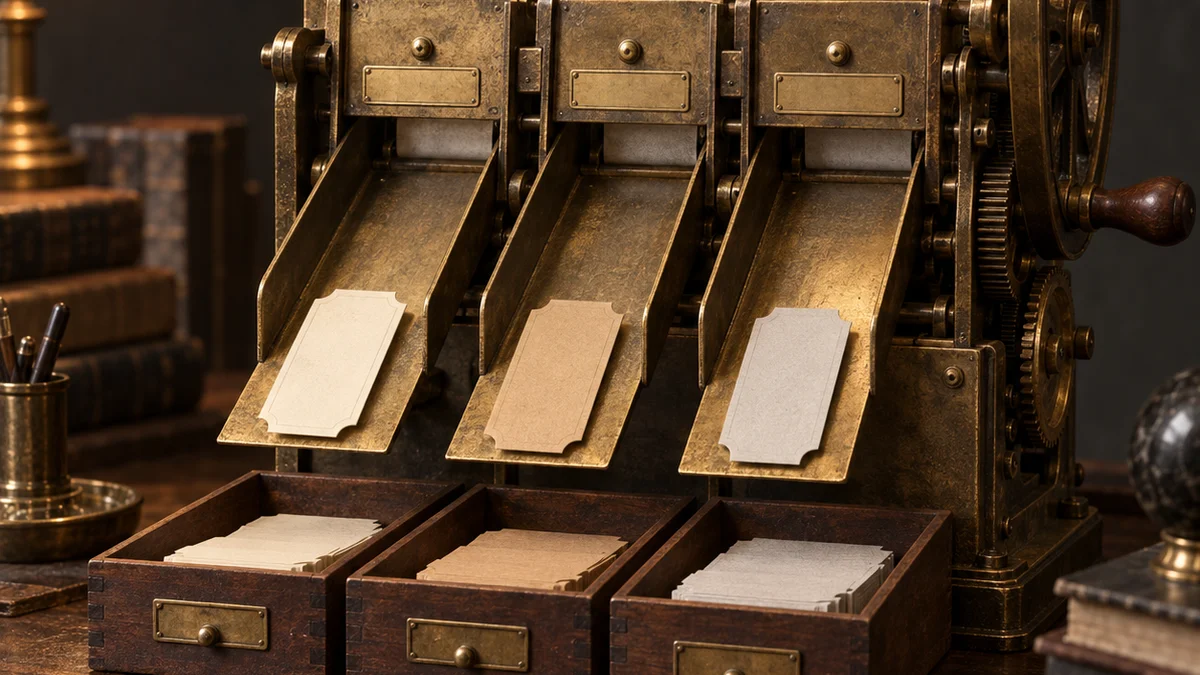 Illustrative sorting machine separating paper slips into different trays