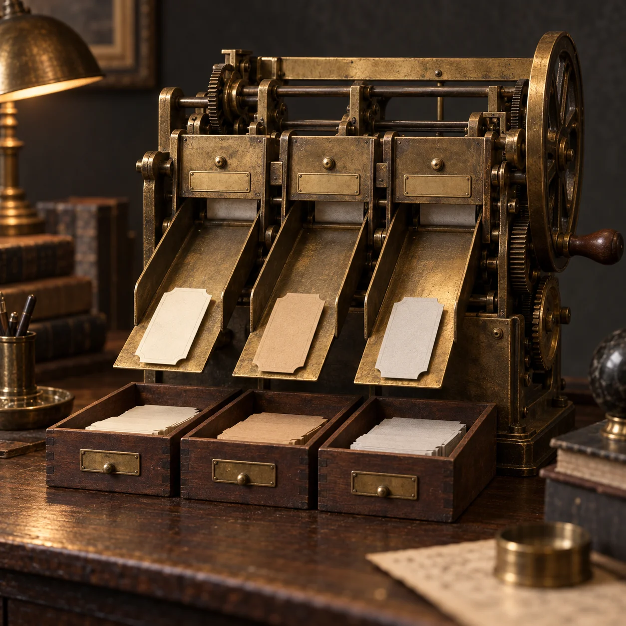 A brass sorting machine on a wooden desk sliding three blank paper tickets down chutes into wooden trays