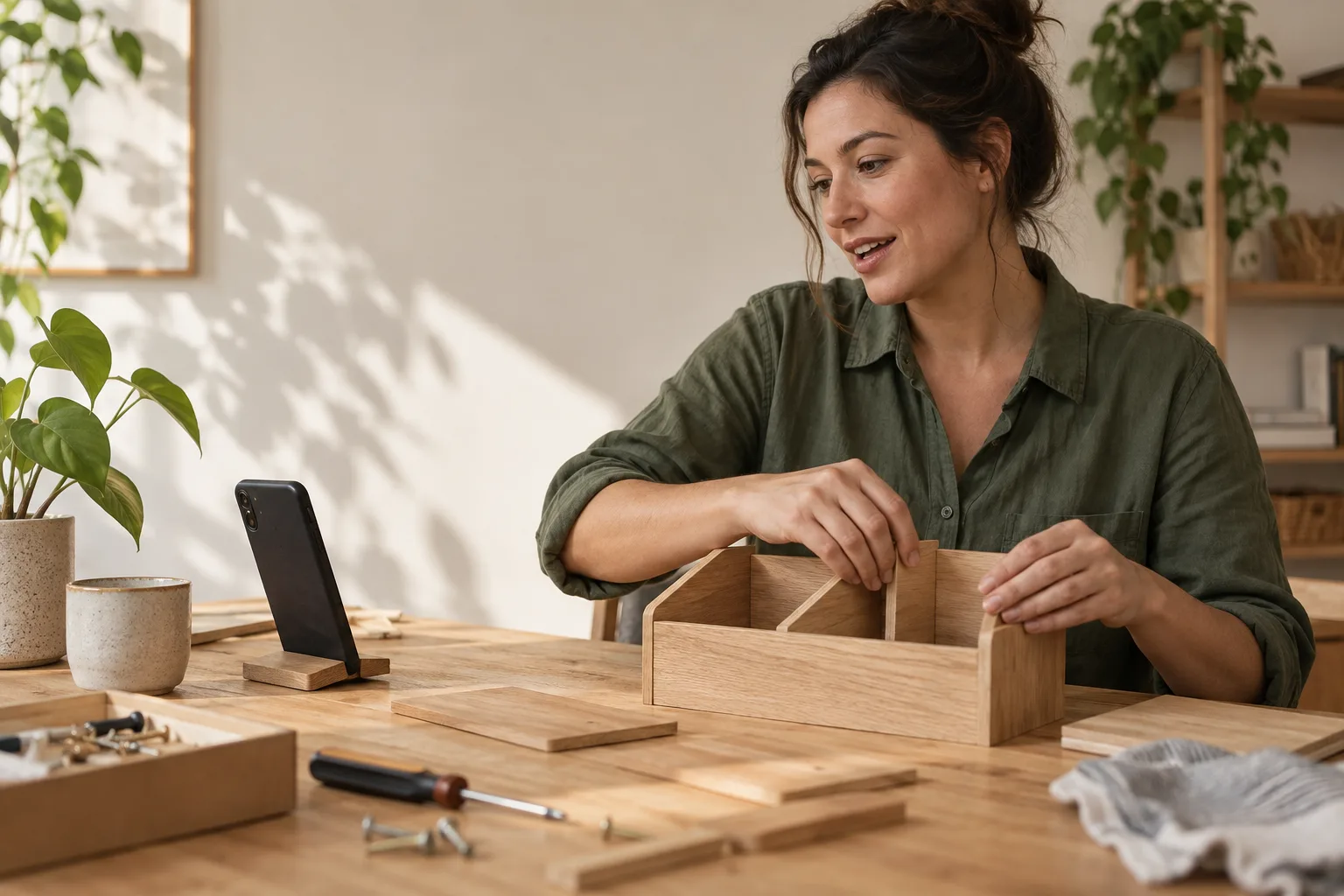 Illustrative scene of a woman assembling a wooden organizer with a phone nearby